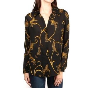 L’Agence Nina black gold tiger print long sleeve silk top